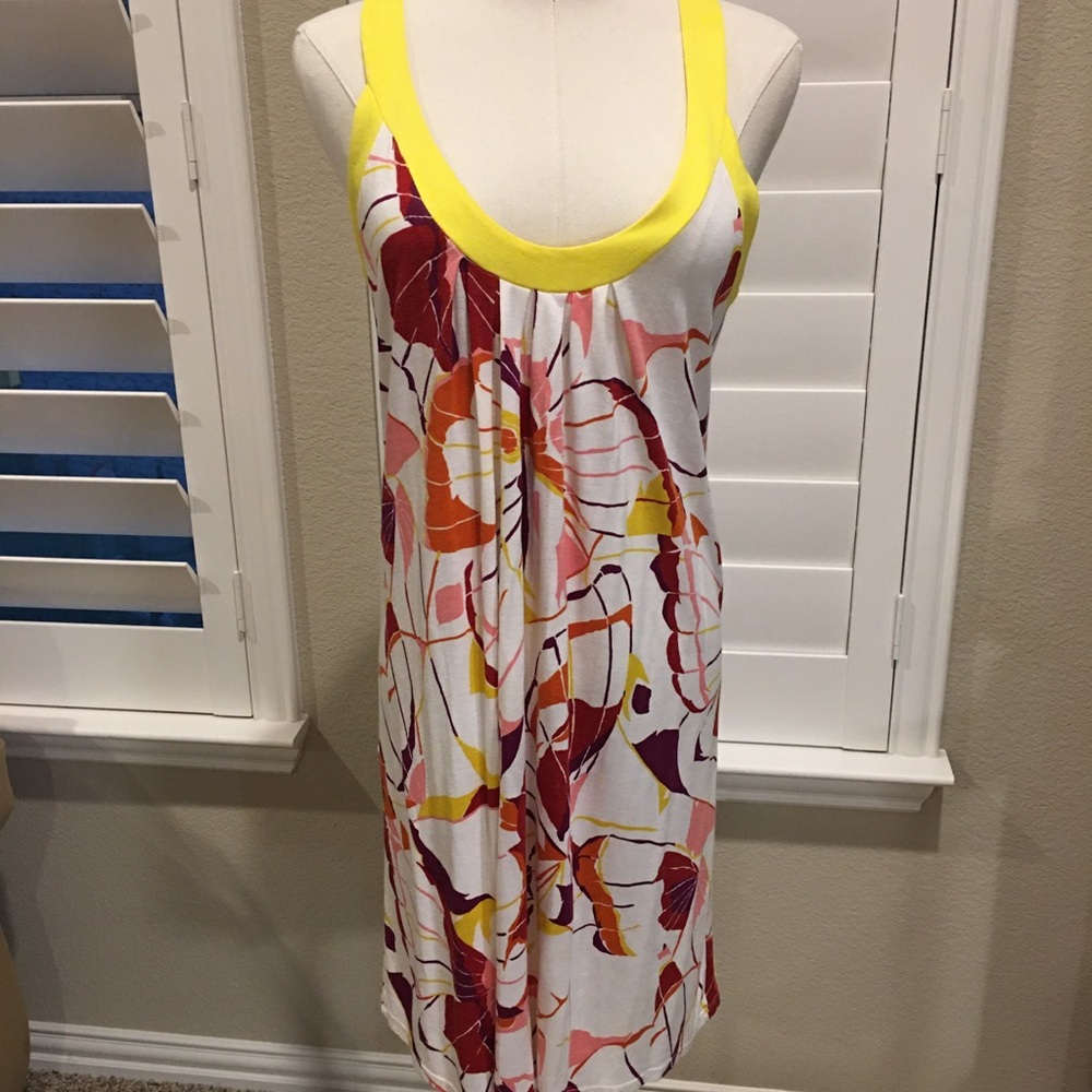 “BEBE” RACERBACK FLORAL SUNDRESS WITH YELLOW TRIM - SMALL